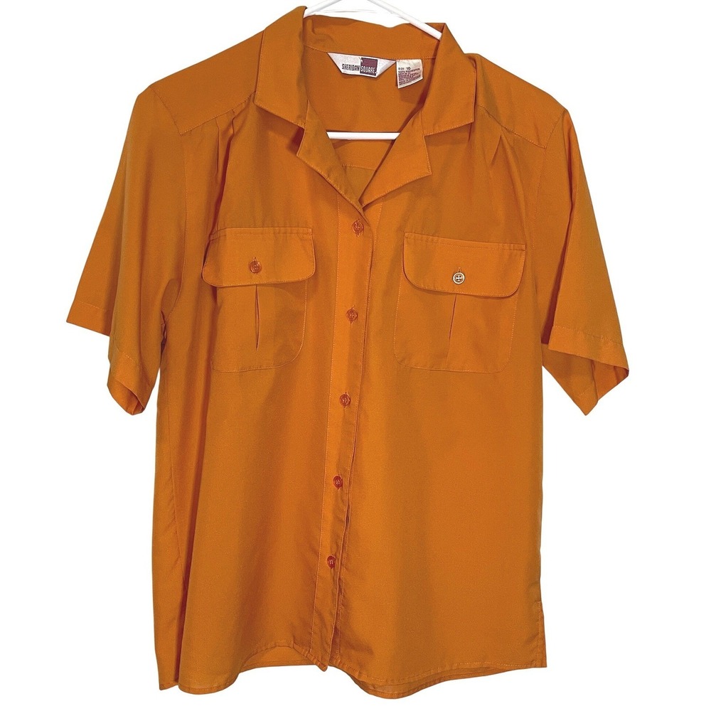 Sheridan Square 10 Orange Button Down Shirt Pocket Camp Collar Vintage Retro